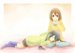  2girls :o b-man bad_id bad_pixiv_id black_hair brown_eyes brown_hair capri_pants closed_eyes finger_to_mouth grin hair_ornament hairclip hirasawa_yui hood hoodie k-on! kneehighs lap_pillow long_hair lying multiple_girls nakano_azusa no_shoes on_stomach open_mouth pants purple_legwear short_hair shorts shushing sitting sleeping smile socks twintails yokozuwari 