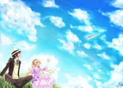  1boy achan_(blue_semi) bad_id bad_pixiv_id blonde_hair brown_eyes brown_hair chin_strap cloud day dress female frills gosick gothic_lolita grass green_eyes hairband hat kujou_kazuya lolita_fashion long_hair open_mouth paper_airplane photoshop_(medium) sitting sky smile very_long_hair victorica_de_blois 