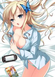  :o aqua_eyes bad_id bad_pixiv_id blonde_hair boku_wa_tomodachi_ga_sukunai breasts butterfly_hair_ornament cariboy cleavage female hair_ornament handheld_game_console kashiwazaki_sena large_breasts long_hair lying manga_(object) on_bed on_side open_clothes open_mouth open_shirt panties photoshop_(medium) playstation_portable shirt solo underwear 