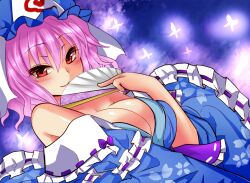  bare_shoulders blue_dress blush breasts bug butterfly cleavage commentary_request dress female floral_print folding_fan hand_fan hat large_breasts looking_at_viewer no_bra off_shoulder pink_hair red_eyes roki_(hirokix) saigyouji_yuyuko seductive_smile smile solo touhou veil 