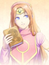  blue_eyes book brown_hair circlet commentary_request dress female fire_emblem fire_emblem:_shadow_dragon_and_the_blade_of_light hairband hexagram holding holding_book kinoeneko linde_(fire_emblem) long_hair looking_to_the_side parted_lips pink_dress ponytail smile solo 