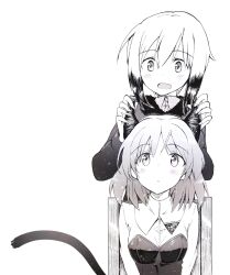  2girls animal_ears blush cat_ears cat_girl cat_tail chair commentary_request erica_hartmann highres looking_down looking_up monochrome multicolored_hair multiple_girls open_mouth sanya_v._litvyak short_hair sitting smile strike_witches tail tsuchii_(ramakifrau) two-tone_hair world_witches_series 