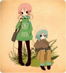  2boys ayu_(mog) bad_id bad_pixiv_id blue_hair casual grass hat inazuma_eleven_(series) inazuma_eleven_go kariya_masaki kirino_ranmaru long_hair low_twintails multiple_boys pink_hair plant scarf twintails 