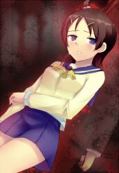  bad_id bad_pixiv_id brown_hair corpse_party female hair_bobbles hair_ornament hairclip purple_eyes rosa_tsubomi school_uniform serafuku short_hair skirt solo suzumoto_mayu tears 