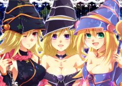  3girls ankh blonde_hair book breasts chains cleavage commentary_request dark_magician_girl duel_monster gagaga_girl green_eyes hat magi_magi_magician_gal medium_breasts mugicha_(sukimachaya) multiple_girls one_eye_closed pentacle purple_eyes red_eyes star_(symbol) wand yu-gi-oh! yu-gi-oh!_zexal 