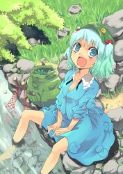  bad_id bad_pixiv_id badge bag barefoot blue_eyes blue_hair breasts bush cleavage commentary_request cucumber female grass hair_bobbles hair_ornament hat kawashiro_nitori net open_mouth photoshop_(medium) pocket rock shirt short_hair sitting skirt skirt_set sleeves_pushed_up small_breasts smiley_face soaking_feet solo stick stream touhou two_side_up water wrench yuu_(kfc) 