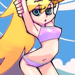  armpits arms_up bikini blonde_hair blue_eyes breasts cloud commentary_request day female long_hair lowres matagitii navel oekaki panty_&amp;_stocking_with_garterbelt panty_(psg) pink_bikini sky solo swimsuit 