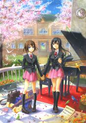  2girls bad_id bad_pixiv_id bag bird black_hair blazer blue_eyes brown_hair carpet checkered_floor cherry_blossoms clock copyright_request flower fuumi_(radial_engine) graduation grand_piano highres holding_hands instrument instrument_case jacket long_hair looking_at_viewer marker_(medium) millipen_(medium) multiple_girls orange_eyes petals piano pleated_skirt school_bag school_uniform sheet_music short_hair skirt smile traditional_media 