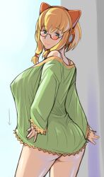  animal_ear_headphones animal_ears ass blonde_hair blue_eyes blush breasts cat_ear_headphones cat_ears commentary_request covered_nipples dress fake_animal_ears female glasses green_eyes headphones huge_breasts microsoft_windows os-tan personification short_hair sidelocks solo sweater sweater_dress tsuda_nanafushi windows_xp xp_mce-tan 