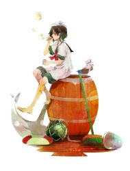  anchor barefoot barrel bird black_hair blowing broom bubble bucket cannonball commentary_request female green_eyes hat moriko32 murasa_minamitsu sailor sailor_collar sailor_hat short_hair shorts simple_background sitting solo touhou white_background 