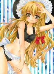  aoi_yuuka_(ao_no_kokoro) bikini blonde_hair braid commentary_request female hat kirisame_marisa long_hair salute solo swimsuit touhou traditional_media witch_hat yellow_eyes 