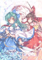  2girls armpits ascot blue_bow blue_skirt bow brown_eyes brown_hair chinese_commentary commentary_request detached_sleeves dress flower frog_hair_ornament gohei green_hair hair_ornament hair_ribbon hair_tubes hairbow hakurei_reimu highres holding holding_gohei kochiya_sanae long_hair midriff multiple_girls north_abyssor petals red_bow red_eyes red_skirt ribbon ribbon-trimmed_sleeves ribbon_trim skirt snake_hair_ornament touhou wide_sleeves yellow_ascot yellow_eyes 