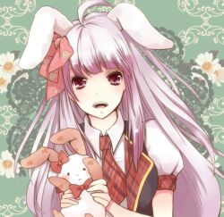  an-mar animal_ears bad_id bad_pixiv_id bow female hairbow long_hair original rabbit rabbit_ears red_eyes solo stuffed_animal stuffed_rabbit stuffed_toy white_hair 