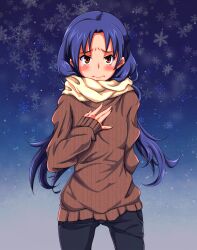  3: blue_hair blush brown_eyes commentary_request denim female idolmaster idolmaster_(classic) jeans kisaragi_chihaya long_hair lyrical_denko pants scarf snowflakes solo sweater unmoving_pattern 