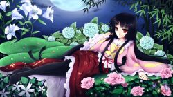  adjusting_hair black_hair branch commentary_request female flan_(zhd91) flower houraisan_kaguya hydrangea jeweled_branch_of_hourai leaf lily_(flower) long_hair long_skirt lying moon night pantyhose photoshop_(medium) pink_flower pink_rose red_eyes rose skirt solo touhou 