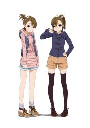  2girls boots brown_eyes brown_hair coat commentary_request fashion futami_ami futami_mami highres hood idolmaster idolmaster_(classic) idolmaster_2 iyakun jacket multiple_girls one_side_up plaid short_hair shorts siblings side_ponytail simple_background sisters smile thighhighs toggles twins vest white_background 