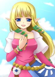  bad_id bad_pixiv_id belt blonde_hair blue_eyes blush dress female hair_ribbon hand_on_own_chest highres hinata_mirun long_hair open_mouth pointy_ears princess_zelda ribbon smile solo the_legend_of_zelda the_legend_of_zelda:_skyward_sword 