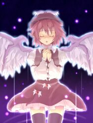  animal_ears black_thighhighs closed_eyes commentary_request dress female hat mumyuu mystia_lorelei open_mouth own_hands_clasped own_hands_together pink_hair short_hair solo thighhighs touhou wings 