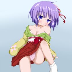  bad_id bad_pixiv_id bare_shoulders blue_eyes blush breasts cleavage female flower green_kimono hair_flower hair_ornament hieda_no_akyuu japanese_clothes kimono oden_(th-inaba) off_shoulder panties pink_panties purple_hair short_hair sitting small_breasts smile solo touhou underwear 