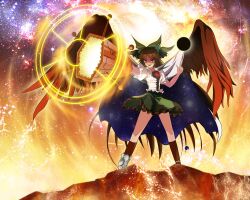  alternate_weapon arm_cannon black_sun black_wings bow brown_hair cape commentary_request female green_skirt hairbow highres long_hair open_mouth photoshop_(medium) radiation_symbol red_eyes reiuji_utsuho shinebell skirt smile sun third_eye touhou weapon wings 