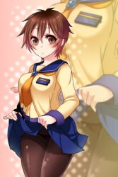  breasts brown_eyes brown_hair clothes_lift commentary_request corpse_party female medium_breasts nakashima_naomi onoe_junki panties panties_under_pantyhose pantyhose school_uniform short_hair skirt skirt_lift solo underwear 