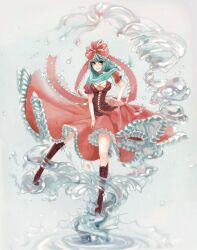  bad_id bad_pixiv_id boots bow breasts cleavage cross-laced_footwear dress female frills front_ponytail green_eyes green_hair hair_ornament hair_ribbon kagiyama_hina lace-up_boots large_breasts long_hair looking_at_viewer red_dress ribbon skirt_hold smile solo touhou water yuura 