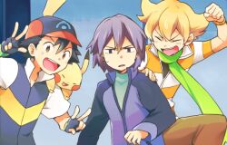  3boys ^_^ annoyed bad_id bad_pixiv_id barry_(pokemon) baseball_cap black_hair blonde_hair closed_eyes commentary_request double_v hat male_focus mogawa multiple_boys paul_(pokemon) photoshop_(medium) pikachu pokemon pokemon_(anime) pokemon_(creature) pokemon_dppt pokemon_dppt_(anime) purple_hair satoshi_(pokemon) scarf sweatdrop v 