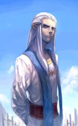  1boy arms_behind_back auru cloud commentary_request day kokutan_kitsunen long_hair male_focus photoshop_(medium) pointy_ears sky solo standing the_legend_of_zelda the_legend_of_zelda:_skyward_sword white_hair 