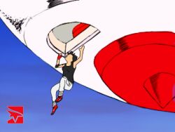  70s black_hair chargeman_ken! cloudy9th faith faith_(mirror&#039;s_edge) faith_connors falling female gloves knack lowres mirror&#039;s_edge mirrors_edge oldschool outdoors pants parody ship sky solo space_craft tank_top tattoo 