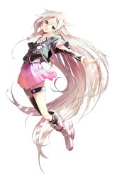  absurdly_long_hair akasaka_aka asymmetrical_legwear bare_shoulders blue_eyes boots braid commentary female floating floating_hair full_body grey_hair highres ia_(vocaloid) legs long_hair official_art simple_background skirt solo thigh_strap thighhighs twin_braids uneven_legwear very_long_hair vocaloid vocaloid_boxart_pose 