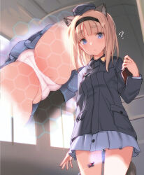  ? animal_ears blonde_hair blue_eyes blue_skirt book garrison_cap hairband hat holding holding_book jacket light_blush luminous_witches maria_magdalena_dietrich medium_hair military_jacket multiple_views neuroi panties shimada_fumikane skirt squirrel_ears squirrel_girl squirrel_tail sunlight sweatdrop tail thick_eyebrows underwear white_panties wind world_witches_series 