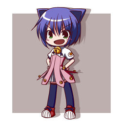  animal_ears bell belt blue_hair blue_thighhighs blush buttons cat_ears chibi commentary_request dress female fictional_sister flat_chest frilled_skirt frills green_eyes hands_on_own_hips kyouran_kazoku_nikki midarezaki_kyouka open_mouth pink_dress purple_hair shadow shoes short_hair skirt sneakers solo thighhighs two-tone_dress 