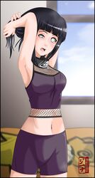  armpits bike_shorts black_hair black_shorts blush commentary dannex009 english_commentary female fishnets hyuuga_hinata indoors long_hair midriff naruto naruto_(series) navel open_mouth shorts solo white_eyes window 