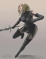  bad_id bad_pixiv_id blonde_hair claymore_(series) elbow_gloves female full_body gloves grey_eyes miria_(claymore) solo sword tea_(nakenashi) thighhighs weapon 