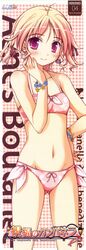  absurdres agnes_boulange ahoge bikini blonde_hair blush earrings female highres jewelry ko~cha midriff navel photoshop_(medium) pink_bikini red_eyes short_hair shukufuku_no_campanella side-tie_bikini_bottom solo standing stick_poster swimsuit windmill_(company) 