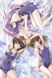  3girls ahoge arm_up armpits arms_up asaba_yuuko back bare_arms bare_legs bare_shoulders barefoot blush breasts brown_eyes brown_hair bubble clothes_pull collarbone embarrassed feet fetal_position fingernails flat_chest from_above frown hair_between_eyes highres iriya_kana iriya_no_sora_ufo_no_natsu komatsu_eiji legs long_fingernails long_hair looking_at_viewer lying medium_breasts medium_hair multiple_girls official_art on_back on_side one-piece_swimsuit one-piece_swimsuit_pull partially_submerged pink_eyes ponytail purple_hair school_swimsuit shadow shallow_water sideboob sidelocks sideways_glance sparkle strap_slip sudou_akiho swimsuit very_long_hair water wet yellow_eyes 