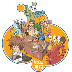  3boys 4girls brown_hair camera choir chorus_man commentary_request desk everyone glasses green_hair guitar heart highres instrument masha multiple_boys multiple_girls paddle researchers_of_love rhythm_tengoku rhythm_tengoku_gold robot rockers_(rhythm_tengoku) skirt table_tennis table_tennis_paddle 