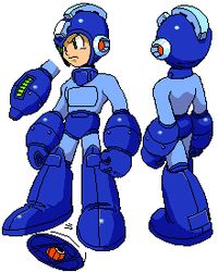  1boy android ariga_hitoshi arm_cannon blue_eyes full_body helmet lowres male_focus mega_buster mega_man_(character) mega_man_(classic) mega_man_(series) mega_man_megamix multiple_views oekaki standing weapon 