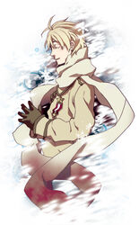  1boy axis_powers_hetalia bad_id bad_pixiv_id badge blonde_hair gloves male_focus russia_(hetalia) scarf sena_(mineruba) solo uniform 