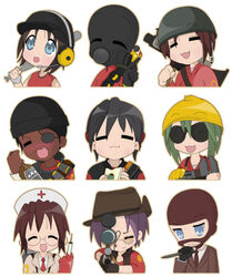  1other 6+girls :3 =_= aiming aiming_at_viewer alcohol balisong bandaged_hand bandages bandolier baseball_bat black_hair blazer blue_eyes bottle brown_hair character_request chibi closed_eyes cosplay cowboy_hat cross dark-skinned_female dark_skin demoman_(tf2) demoman_(tf2)_(cosplay) engineer_(tf2) engineer_(tf2)_(cosplay) everyone explosive eyepatch fire food formal gas_mask gas_tank glasses gloves goggles green_hair grenade gun hard_hat hat headset heavy_(tf2) heavy_(tf2)_(cosplay) helmet hiiragi_kagami hiiragi_tsukasa holding holding_baseball_bat holding_bottle holding_food holding_gun holding_knife holding_syringe holding_weapon iwasaki_minami izumi_konata jacket jewelry knife kuroi_nanako lucky_star mask medic_(tf2) medic_(tf2)_(cosplay) multiple_girls narumi_yui necklace necktie nurse nurse_cap open_mouth overalls parody patricia_martin pencil-chan photoshop_(medium) purple_hair pyro_(tf2) pyro_(tf2)_(cosplay) red_cross red_demoman_(tf2) red_demoman_(tf2)_(cosplay) red_engineer_(tf2) red_engineer_(tf2)_(cosplay) red_gloves red_heavy_(tf2) red_heavy_(tf2)_(cosplay) red_medic_(tf2) red_medic_(tf2)_(cosplay) red_necktie red_pyro_(tf2) red_pyro_(tf2)_(cosplay) red_scout_(tf2) red_scout_(tf2)_(cosplay) red_sniper_(tf2) red_sniper_(tf2)_(cosplay) red_soldier_(tf2) red_soldier_(tf2)_(cosplay) red_spy_(tf2) red_spy_(tf2)_(cosplay) rifle rocket_launcher sandvich sandwich scout_(tf2) scout_(tf2)_(cosplay) sniper_(tf2) sniper_(tf2)_(cosplay) sniper_rifle soldier_(tf2) soldier_(tf2)_(cosplay) source_request spy_(tf2) spy_(tf2)_(cosplay) suit sunglasses syringe takara_miyuki team_fortress_2 vest weapon wrench 