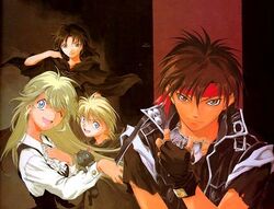  2boys 2girls artist_request azalie_cait_sith black_hair blonde_hair cleo_everlastin fingerless_gloves gloves headband leki majic_lin majutsushi_orphen multiple_boys multiple_girls one_eye_closed open_mouth orphen short_hair 