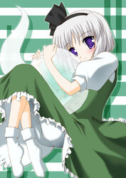  commentary_request female ghost gonzaburo grey_hair highres hitodama konpaku_youmu konpaku_youmu_(ghost) purple_eyes ribbon short_hair solo touhou 