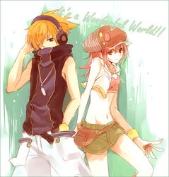  1boy akieru_nomaki armband arms_at_sides badge bag blue_eyes breasts brown_eyes cabbie_hat coat commentary_request covered_mouth crop_top dog_tags english_text female green_skirt hand_in_pocket hand_on_head hat headphones holding_headgear jewelry long_hair looking_at_viewer midriff miniskirt misaki_shiki navel necklace orange_hair overcoat photoshop_(medium) red_hair red_shirt sakuraba_neku satchel shirt short_hair shorts simple_background sketch skirt sleeveless smile spiked_hair subarashiki_kono_sekai tank_top white_shorts 