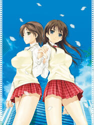  2girls blue_eyes brown_hair day green_eyes happoubi_jin highres honma_natsume iseshima_aya long_hair multiple_girls photoshop_(medium) plaid plaid_skirt school_uniform short_hair skirt sky zettai_shougeki 