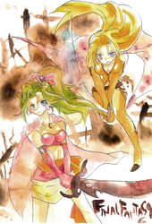  2girls bad_id bad_pixiv_id blonde_hair blue_eyes bow cape celes_chere crop_top final_fantasy final_fantasy_vi green_hair hairbow ishii long_hair midriff multiple_girls navel ponytail skirt smile sword terra_branford weapon 