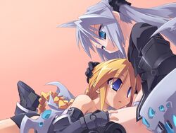  2girls armor bad_id bad_pixiv_id borrowed_character braid girl_with_a_blonde_braid_(tomoshibi_hidekazu) highres mof&#039;s_silver_haired_twintailed_girl multiple_girls orange_hair original silver_hair tomoshibi_hidekazu twintails 