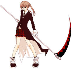  akieru_nomaki bad_id bad_pixiv_id brown_hair cloak female gloves maka_albarn photoshop_(medium) plaid plaid_skirt scythe skirt solo soul_eater 