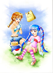  &gt;_&lt; 2girls :3 animal_ears artist_request belt birthday_cake blue_hair braid brown_hair cake closed_eyes dolfini floating food gloves hair_ribbon hand_on_own_chest kneeling kooh long_hair looking_at_another midriff multiple_girls navel open_mouth pangya papel pastry photoshop_(medium) pippin_(pangya) red_eyes ribbon shirt shoes short_sleeves shorts sitting skirt socks standing star_(symbol) striped_clothes striped_socks twin_braids twintails white_gloves 