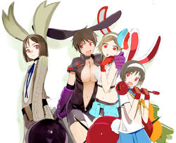  4girls :d :o akiyama_mina animal_ears arm_around_neck bare_shoulders belt belt_pouch bob_cut bodysuit breasts brown_hair choker cleavage crop_top elbow_gloves flat_chest frilled_shirt frills getsumento_heiki_miina gloves haibara_minamo hairband hand_on_shoulder hazemi_nakoru holding hug jewelry kannazuki_mina koushuu_suiren large_breasts looking_at_viewer looking_away looking_back magical_girl messy_hair midriff miniskirt multiple_girls navel neck_ribbon no_bra official_art okama ootsuki_mina open_clothes open_mouth pendant pleated_skirt pouch profile rabbit_ears rabbit_tail red_eyes ribbon school_uniform serafuku shirt short_hair skirt sleeveless sleeveless_shirt smile sweater tail tomato tsukishiro_mina tsukuda_mina turtleneck unzipped very_short_hair weapon zipper 