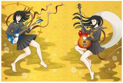  2girls bad_id bad_pixiv_id barefoot bass_guitar black_hair brown_eyes copyright_request electric_guitar fine_art_parody gibson_brands_inc guitar highres instrument les_paul_(bass) long_hair multiple_girls nadeshiko_rin parody photoshop_(medium) rickenbacker rickenbacker_325 school_uniform serafuku 